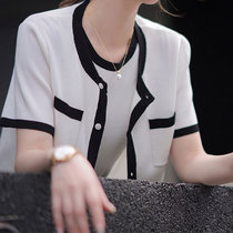 2022 Summer new womens clothing foreign air relaxation Dont give a temperament blouse 100 hitch short sleeve ice silk knit cardiovert