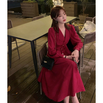 2022 Spring Summer Dress New Style Tea Chime Famous Hime Red Dress Retro Long Skirt Collection Waist Display Slim Design Sensation