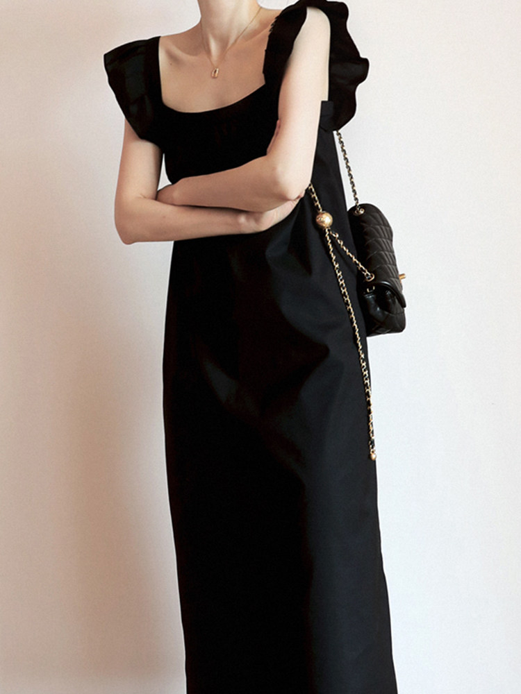 2022 summer new French style retro square collar little black dress gentle wind loose slim temperament sleeveless dress