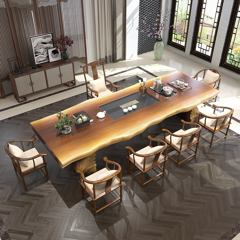 Solid wood tea table Zen tea table combination new Chinese large board tea table and chair integrated brewing tea table set office tea table