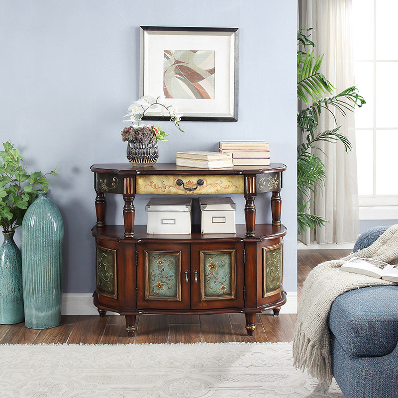 Semicircle porch cabinet American country solid wood painted retro double-layer porch cabinet double doors with drawers living room bedroom cabinet