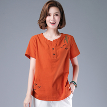 Middle Aged Female Mother Summer Clothing Pure Cotton Short Sleeve 2020 Summer New Middle Aged Woman Dress Round Collar Cotton Linen Jacket Half Sleeve