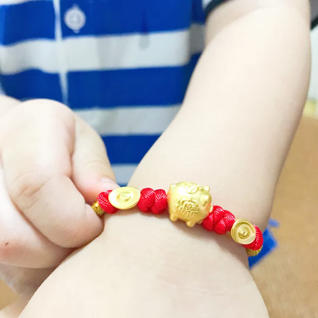 Gold pig piggy bank hand rope 3d hard gold ingot bracelet send baby full moon baby children 999 pure gold
