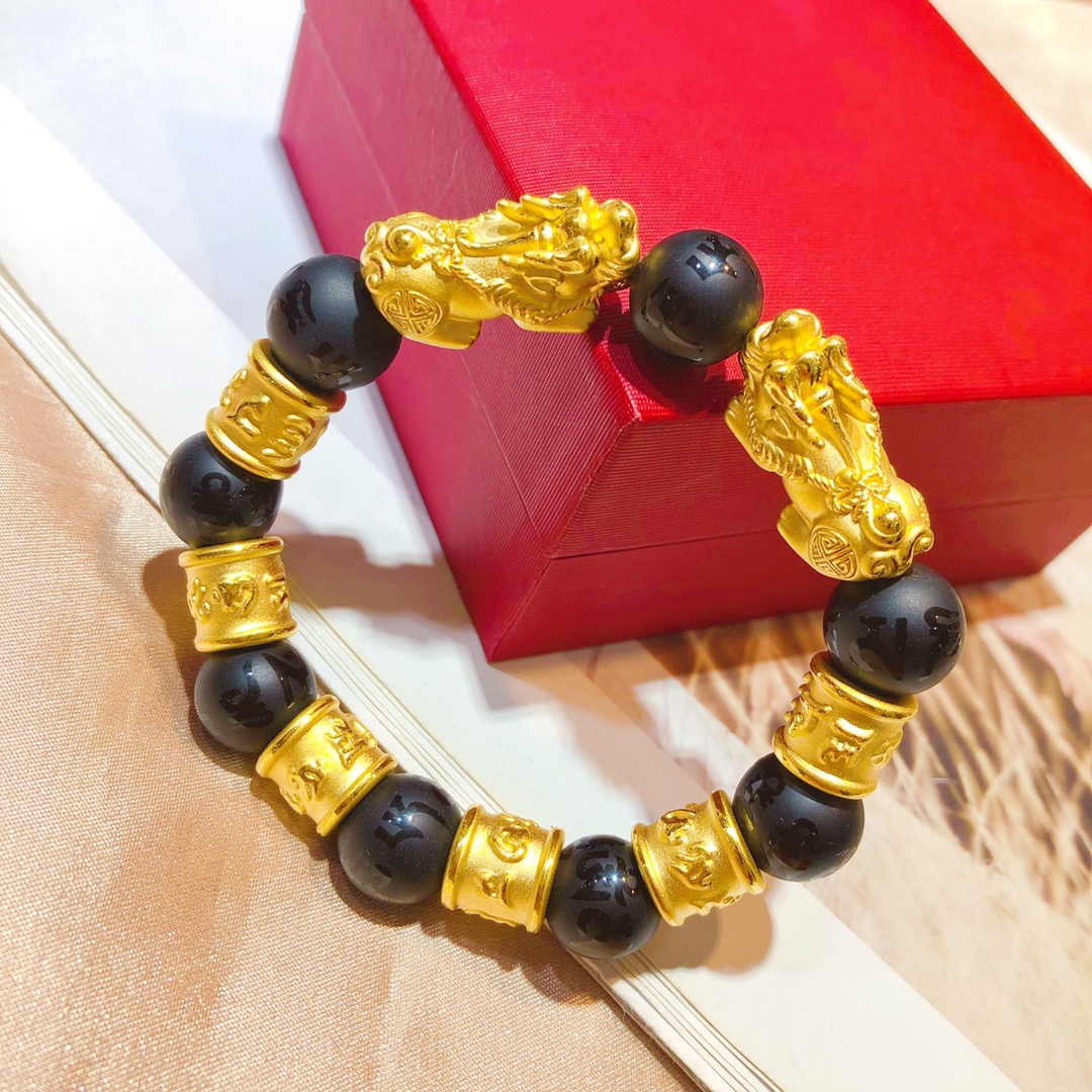 Gold double pixiu pendant 3d hard gold hand foot gold six-character proverb barrel bead transfer beads auspicious male hand