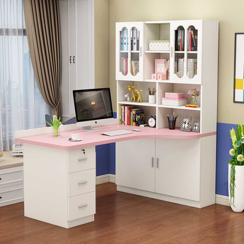Solid Wood Corner Desk Bookshelf Bookcase Integrated Combination Bedroom Desktop Computer Desk Home Student Writing and Study Desk