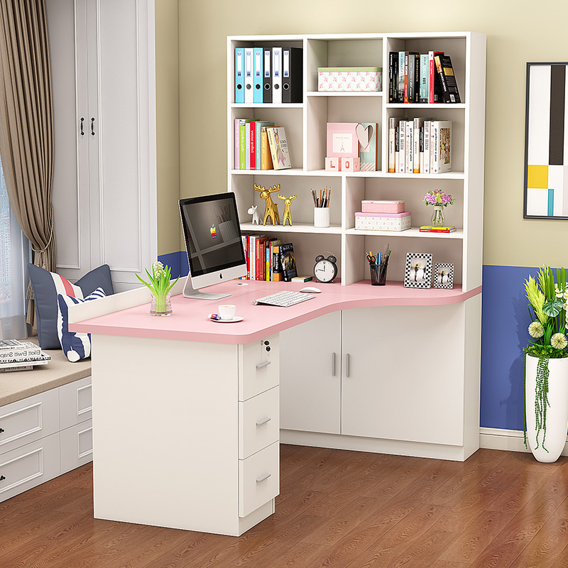 Pink Solid Wood Corner Desk Bookshelf Combination Bedroom Computer Desk Home Simple Student Bookcase Integrated Study Desk