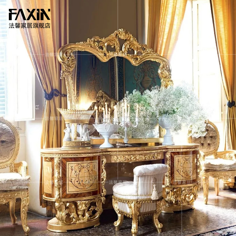 Italian Palace Whole Solid Wood Engraving Makeup Bench Composition Eurostyle Make-up Table Makeup Table Villa Custom Furniture