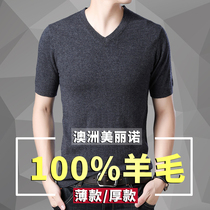 Short-sleeved T-shirt cardigan mens V-neck middle-aged thin knitwear Spring and autumn half-sleeve trend base shirt Solid color sweater