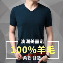 Mens short-sleeved V-neck pure cardigan Youth solid color thin sweater Spring and autumn sweater base shirt trend T-shirt