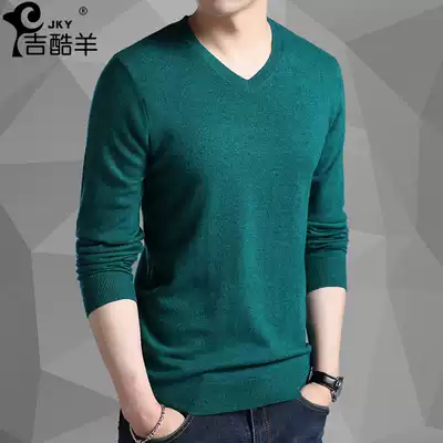 New men's V-neck with wool youth solid color thin knitwear spring and autumn slim long sleeve T-shirt trend sweater