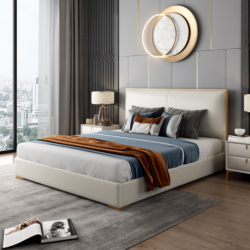 Italian light luxury leather bed modern minimalist master bedroom 1 8m small apartment soft bag double bed high box storage leather bed