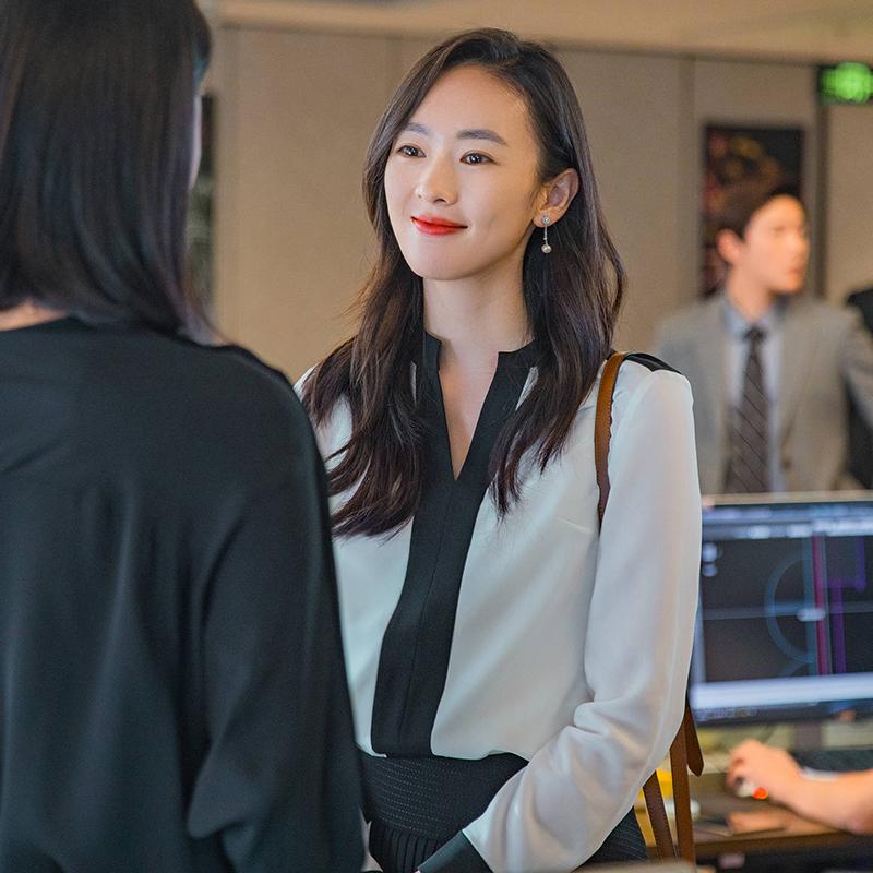 Three-ten Just Gu Jiaotong's Tongan Genuine Silk Shirt V Collar Collision Color Splicing Mulberry Silk Shirt With White Blouses