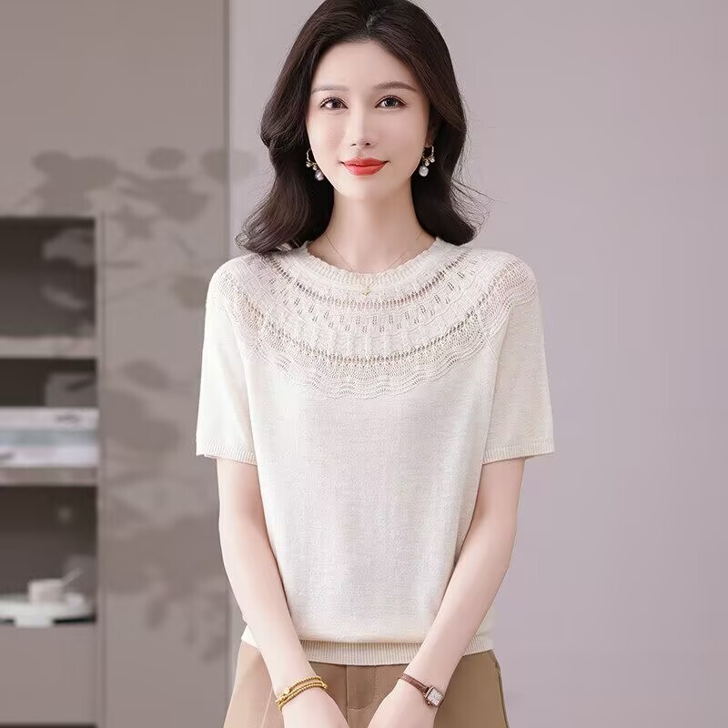 Summer Fashion Round-Neck Crochet Short-Sleeve T-Shirt for Women, Super Stylish and Thin, Ice Silk Knit Top for Outerwear Summer Fashion Round-Neck Crochet Short-Sleeve T-Shirt for Women, Super Stylish and Thin, Ice Silk Knit Top for Outerwear