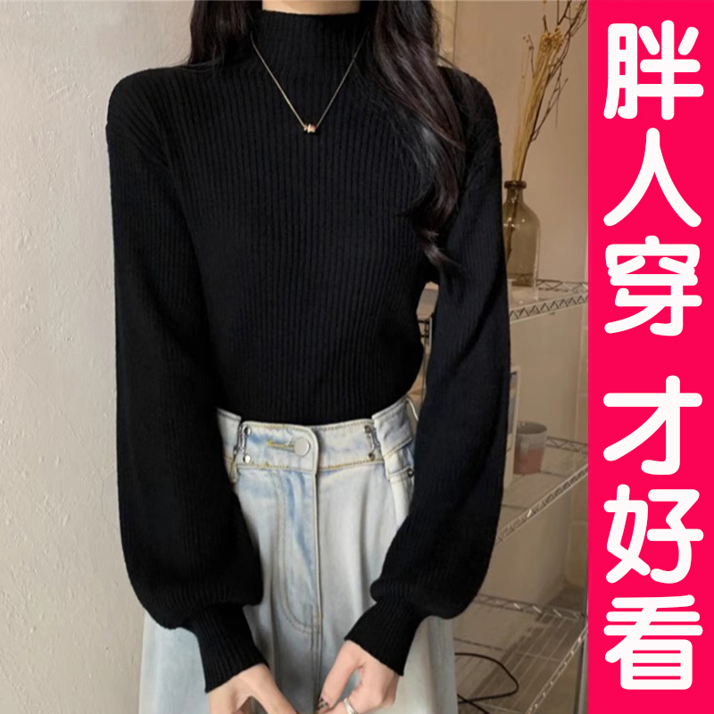 Plus-Size Black Base Layer Sweater for Women, Stylish Autumn and Winter Half-Turtleneck Knit Top, Suitable for Wearing Outside, for Curvy Women