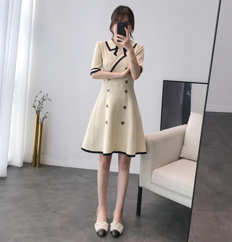 Knitted Dress Women 2022 Spring CM New Korean Style Temperament Suit Collar Slim Slim Mid-length A-line Skirt