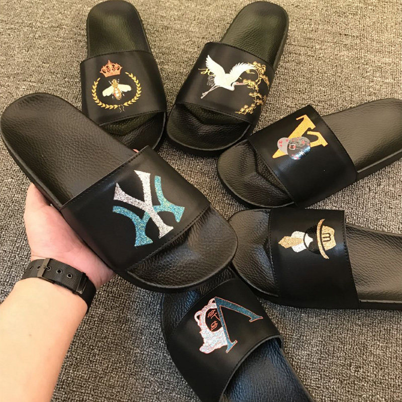 European Station Slippers Men's Summer Outwear Trendy Personality Genuine Leather Printed Net Red Outdoor Tide Card Bull Leather Beach Sandals