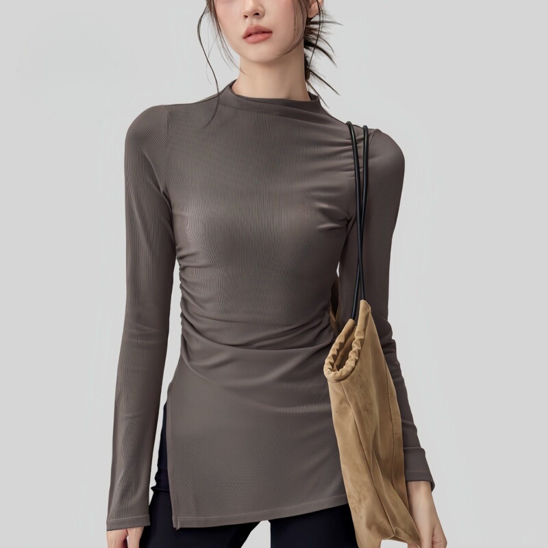Vfu Upfupf Sports Cover-Up Pilates Training Top for Women, Half-High Collar, Hip-Covering Yoga Wear, Tight-Fitting Sportswear