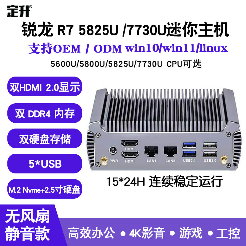 Amd Ryzen R7 5825U/7730U Dual-Network Port Industrial Control Office Gaming 4K Audio and Video Mini Computer Small Host