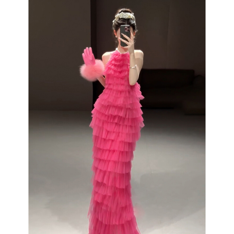 Super Fairy-Like Pink Morning Robe for Women, Bridal Toast Dress, Halter Neck, Annual Party Evening Gown, Engagement, Light Luxury, Niche, High-End, Birthday Super Fairy-Like Pink Morning Robe for Women, Bridal Toast Dress, Halter Neck, Annual Party Evening Gown, Engagement, Light Luxury, Niche, High-End, Birthday