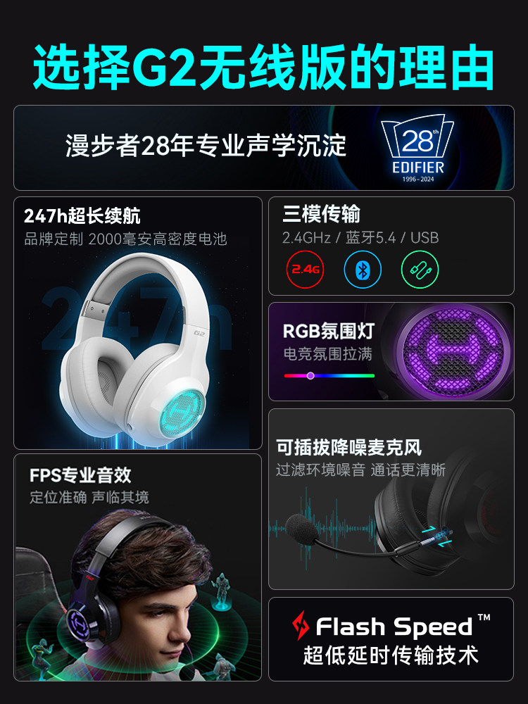 Edifier Delta Action Gaming Headset Over-Ear Bluetooth Computer Mobile Game Fps E-Sports G2 Wireless