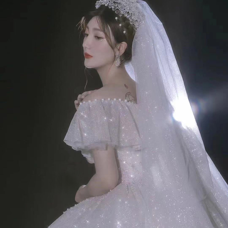 One-shoulder French light wedding dress 2022 new bridal main yarn small heavy industry dress high-quality large size trailing tail