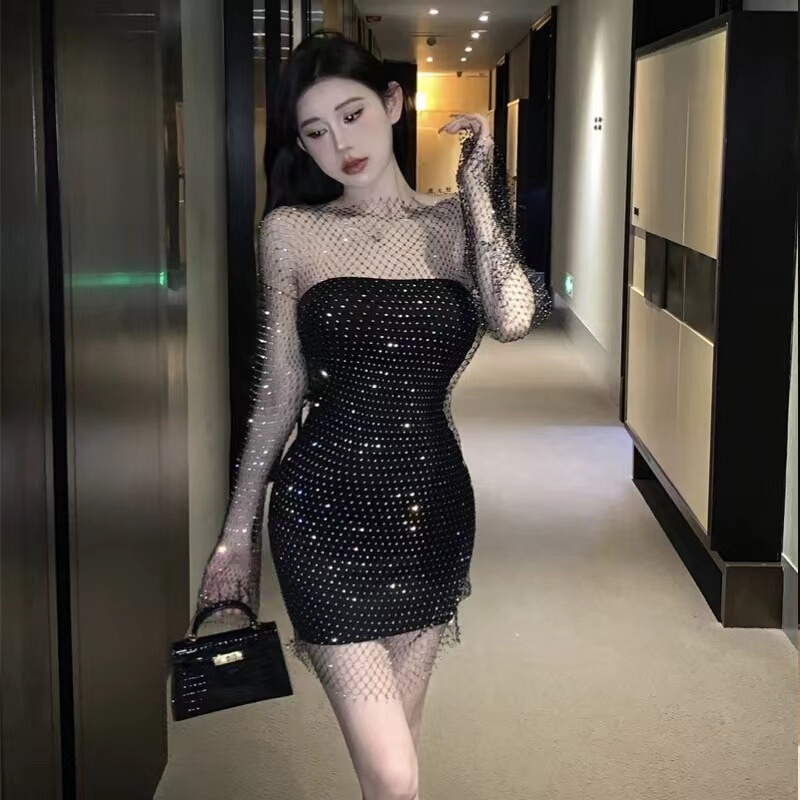 High-End Fishnet Rhinestone-Embellished Blouse, Sexy and Alluring, Waist-Cinching Outerwear, Hollow-Out Long-Sleeve T-Shirt, Elegant Dress