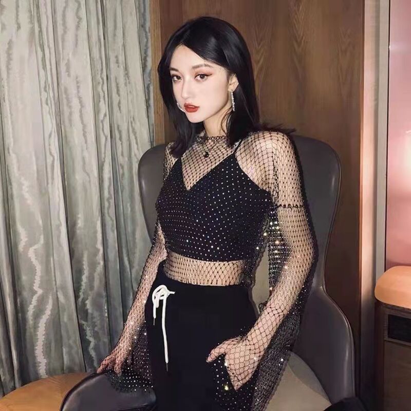 New Style Bar Performance Outfit for Women, Gogo, European and American Internet Celebrity, Fishnet Hollow-Out Cover-Up, Sexy Midriff-Baring Rhinestone T-Shirt Top New Style Bar Performance Outfit for Women, Gogo, European and American Internet Celebrity, Fishnet Hollow-Out Cover-Up, Sexy Midriff-Baring Rhinestone T-Shirt Top
