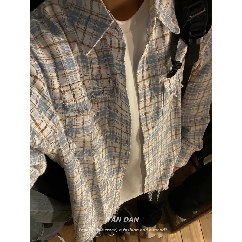 Blue Plaid Shirt, Retro Trendy Brand, Fringed Hem, Raw Edge, Long Sleeves, 2024 Spring and Autumn, Loose Shirt Jacket for Men Blue Plaid Shirt, Retro Trendy Brand, Fringed Hem, Raw Edge, Long Sleeves, 2024 Spring and Autumn, Loose Shirt Jacket for Men