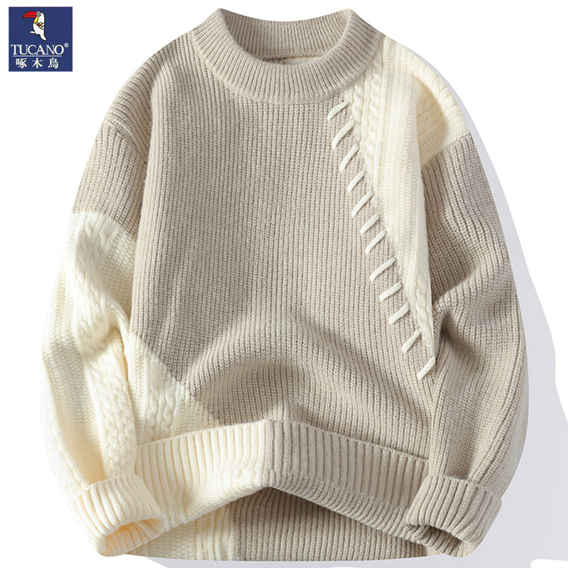 Woodpecker Brand Men's Round Neck Sweater with a Unique Color-Blocking Design, Loose-Fitting Japanese-Style Casual Thin Knit Top for Autumn and Winter