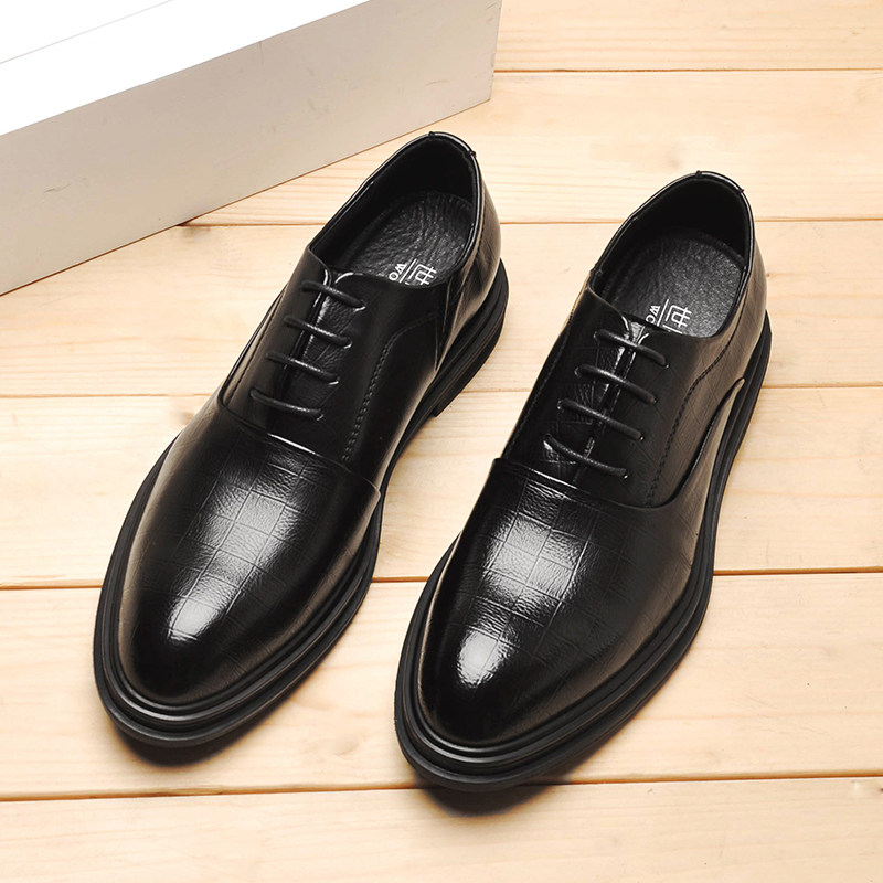 Spring business formal casual leather shoes men's British Korean version of the trend thick bottom pointed toe lace up black wedding shoes