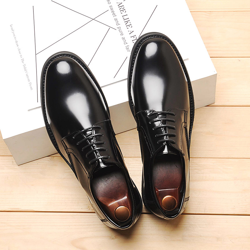 Spring Leather Shoes Men's Korean Version Round Head Lacing Paint Leather Black Tide Shoes Youth Big Heads Bright Face Business Authentic Wedding Shoes
