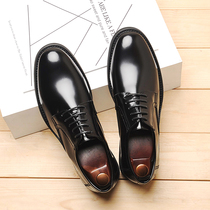 Autumn leather shoes mens Korean round lace patent leather black trendy shoes youth Big Head bright face business dress wedding shoes