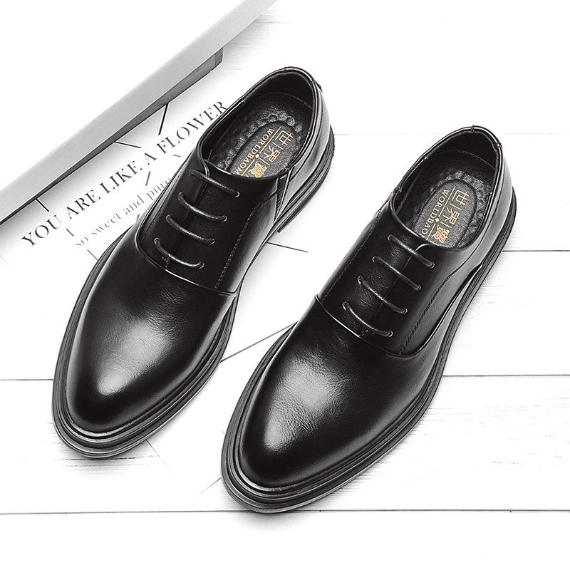 Spring business formal casual leather shoes men's British Korean version of the trend youth pointed black thick bottom lace-up wedding shoes