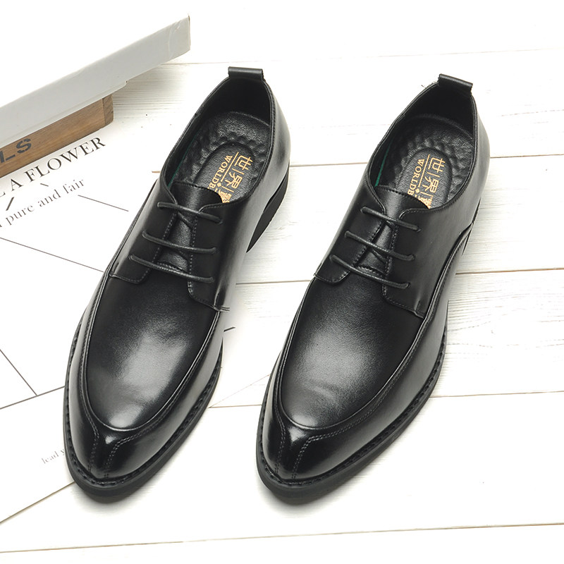 Spring Korean version of the youth trend pointed toe small leather shoes men's British lace leather business dress black wedding shoes men