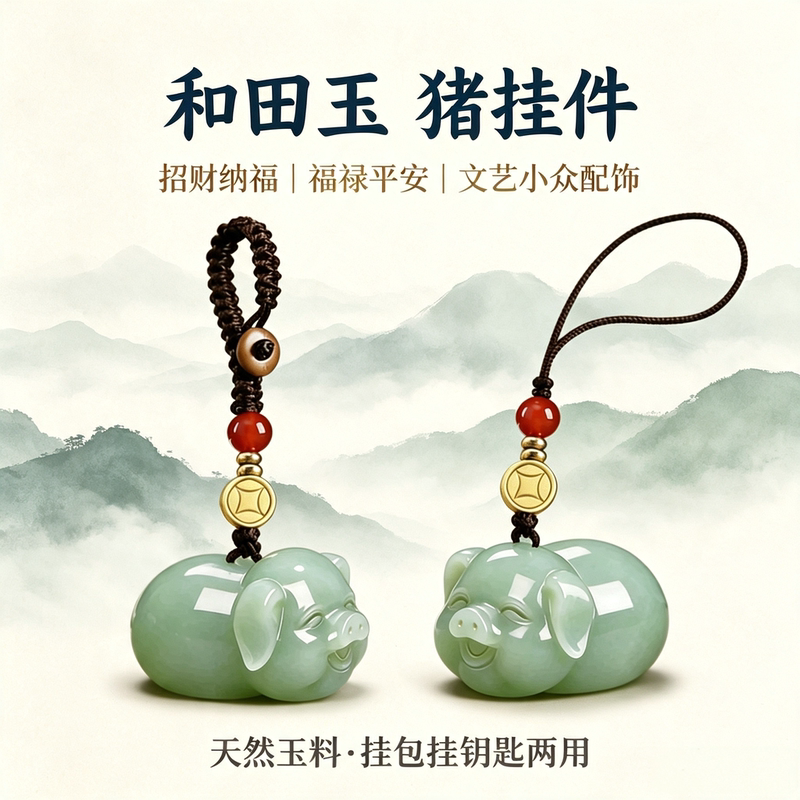 Hetian Jade Twelve Zodiac Pig Pendant Car Keychain Phone Chain Pig Ornament Creative Holiday Gift for Men and Women