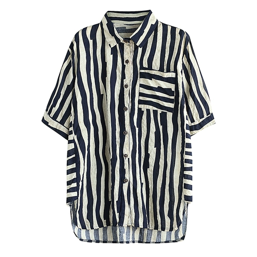 Летняя рубашка, короткий рукав, свободный крой, из хлопка и льна