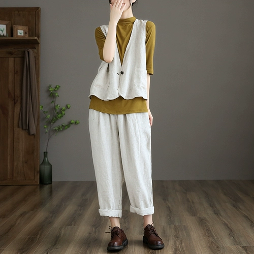 Приталенные весенние штаны, высокая талия, из хлопка и льна, свободный прямой крой