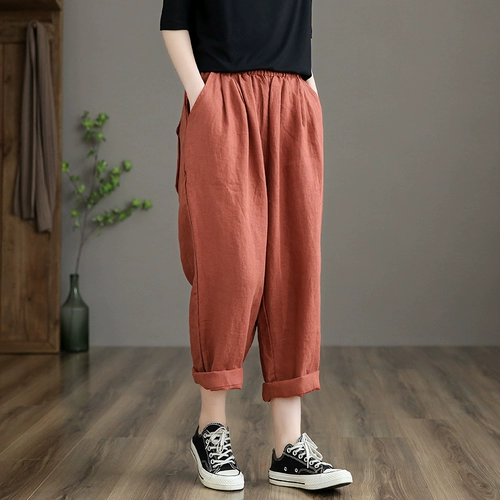 Приталенные весенние штаны, высокая талия, из хлопка и льна, свободный прямой крой