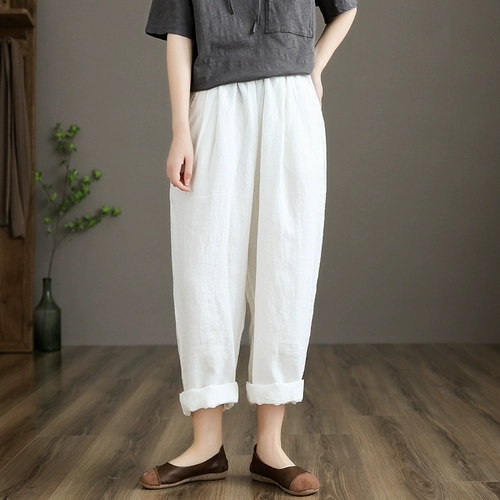 Приталенные весенние штаны, высокая талия, из хлопка и льна, свободный прямой крой