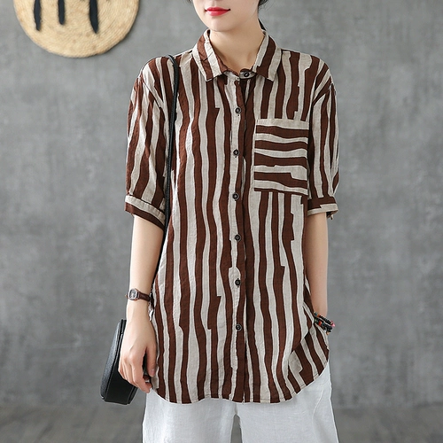 Летняя рубашка, короткий рукав, свободный крой, из хлопка и льна