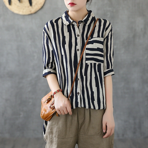 Летняя рубашка, короткий рукав, свободный крой, из хлопка и льна