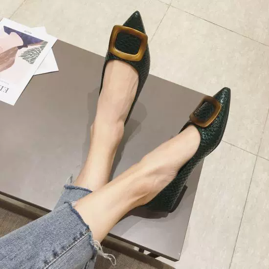 2021 Spring Women's Shoes All-match Green British Style Pointed Small Leather Shoes Flat Work Shoes Black Single Shoes