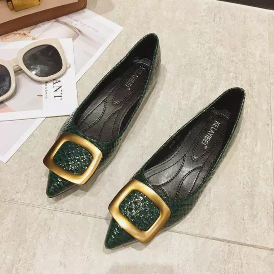 2021 Spring Women's Shoes All-match Green British Style Pointed Small Leather Shoes Flat Work Shoes Black Single Shoes