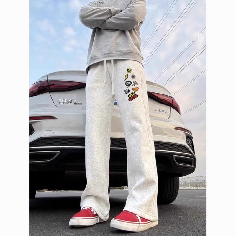 American-Style Trendy Brand Autumn Men's Sweatpants, Heather Gray High Street Print Straight-Leg Pants with Drawstring Elastic Waist, Casual Sports Pants