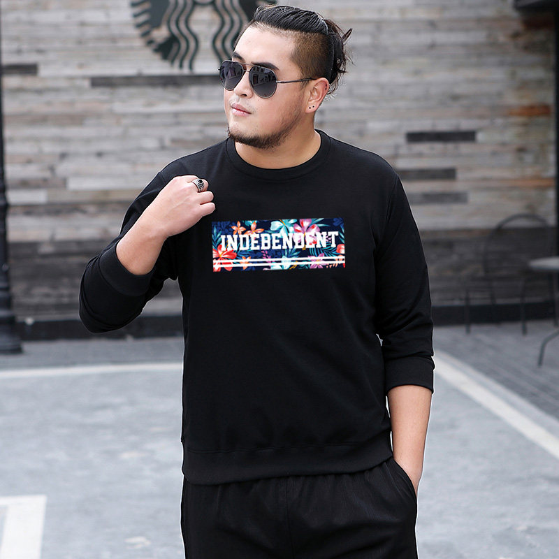 宽松大码卫衣男纯棉宽松胖子打底衫圆领加肥加大男士印花套头卫衣