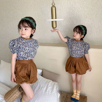 Girls summer dress broken flower puff sleeve shirt flower bud pants two-piece childrens little girl temperament suit pumpkin culottes