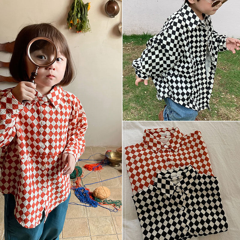 Korean children's clothing autumn new children's baby rhombus long-sleeved shirt top boys and girls autumn plaid shirt