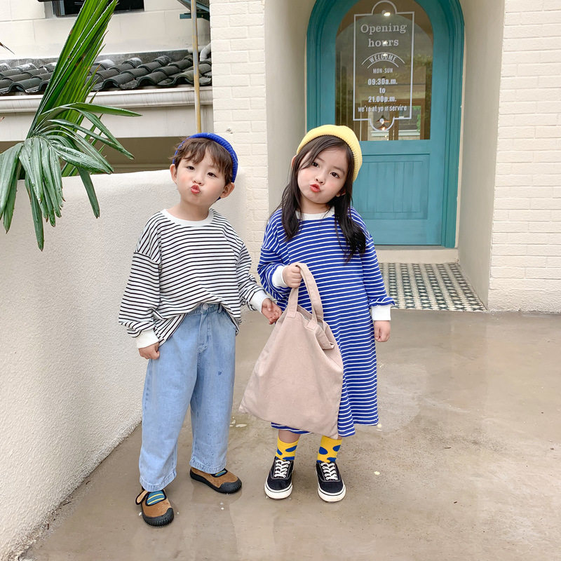 2021 spring children's Korean version of striped casual tops and skirts boys and girls Western style loose casual long-sleeved tops sisters and brothers