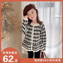 Korean drama temperament girls diamond-shaped woolen coat childrens baby fungus edge knitted cardigan sweater spring and autumn