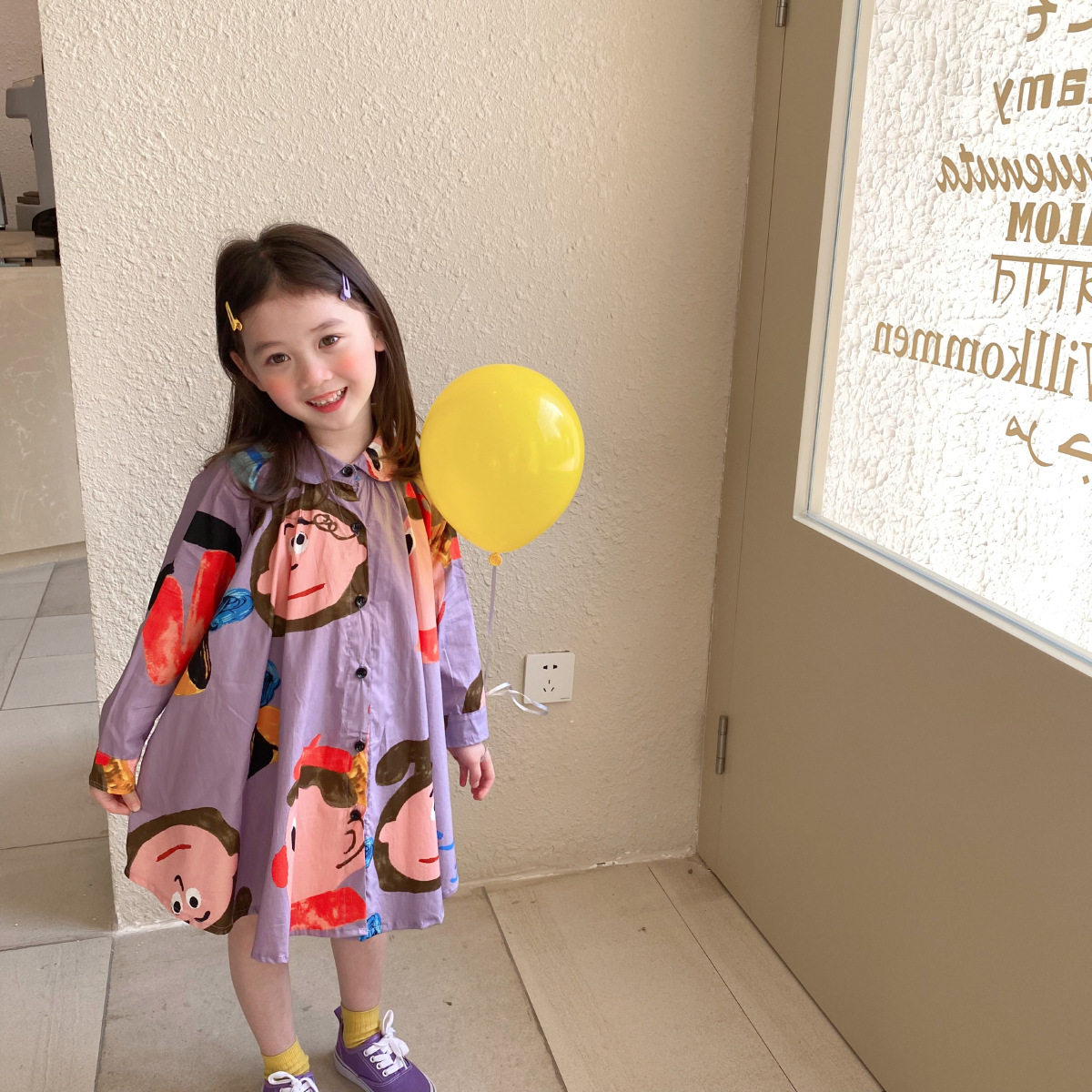 Cute Cartoon Printed Girl Color Collared Shirt Dress Spring Child Female Baby Flower Color Big Skirt Hem Dress